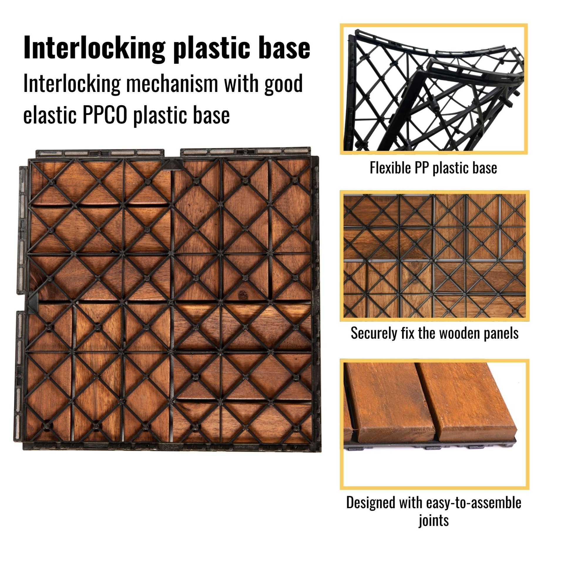 Acacia Wood Interlocking Deck Tiles Checker Pattern, 10 Piece Square Acacia Hardwood Outdoor Flooring For Patio, Bancony, Pool Side - Brown - Image 5