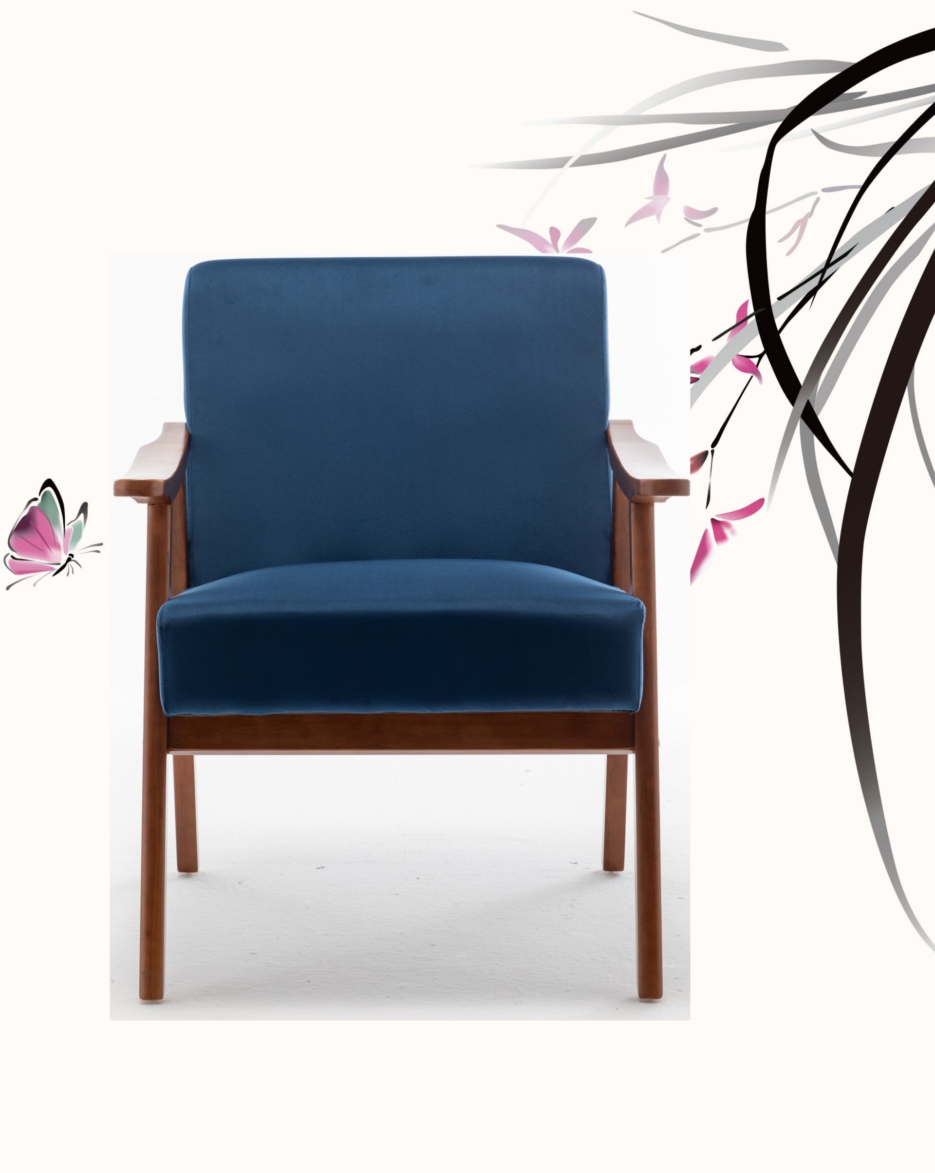 Accent Chair, Classic Mid Century Modern For Extra Seating - Dark Blue - Image 2
