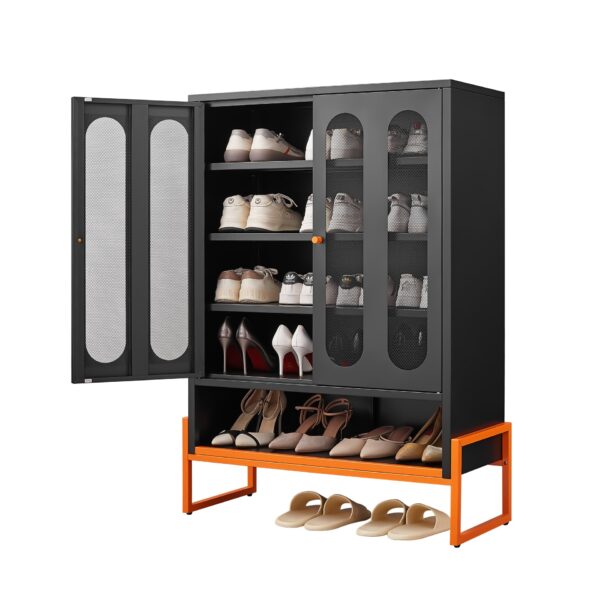 Modern Metal Shoe Cabinet With Double Sided Mesh Doors And Adjustable Partitions - Black