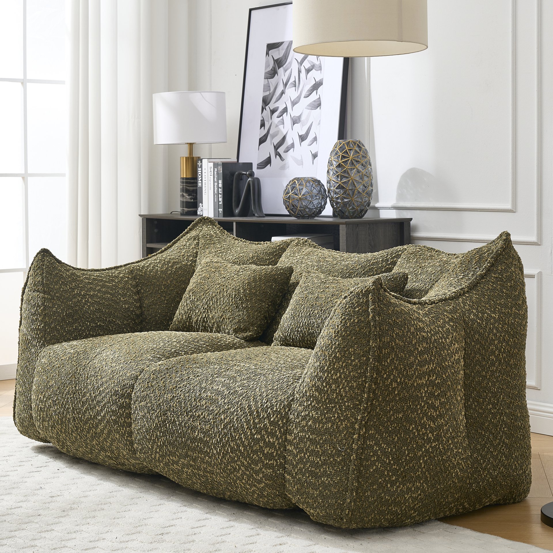 Comfortable Dual Beanbag Chair With High Resilience Foam Core For 2 People In - Olive Green - Image 9
