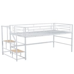 Twin Mid Loft Bed With Storage Stairs And Metal Frame - White