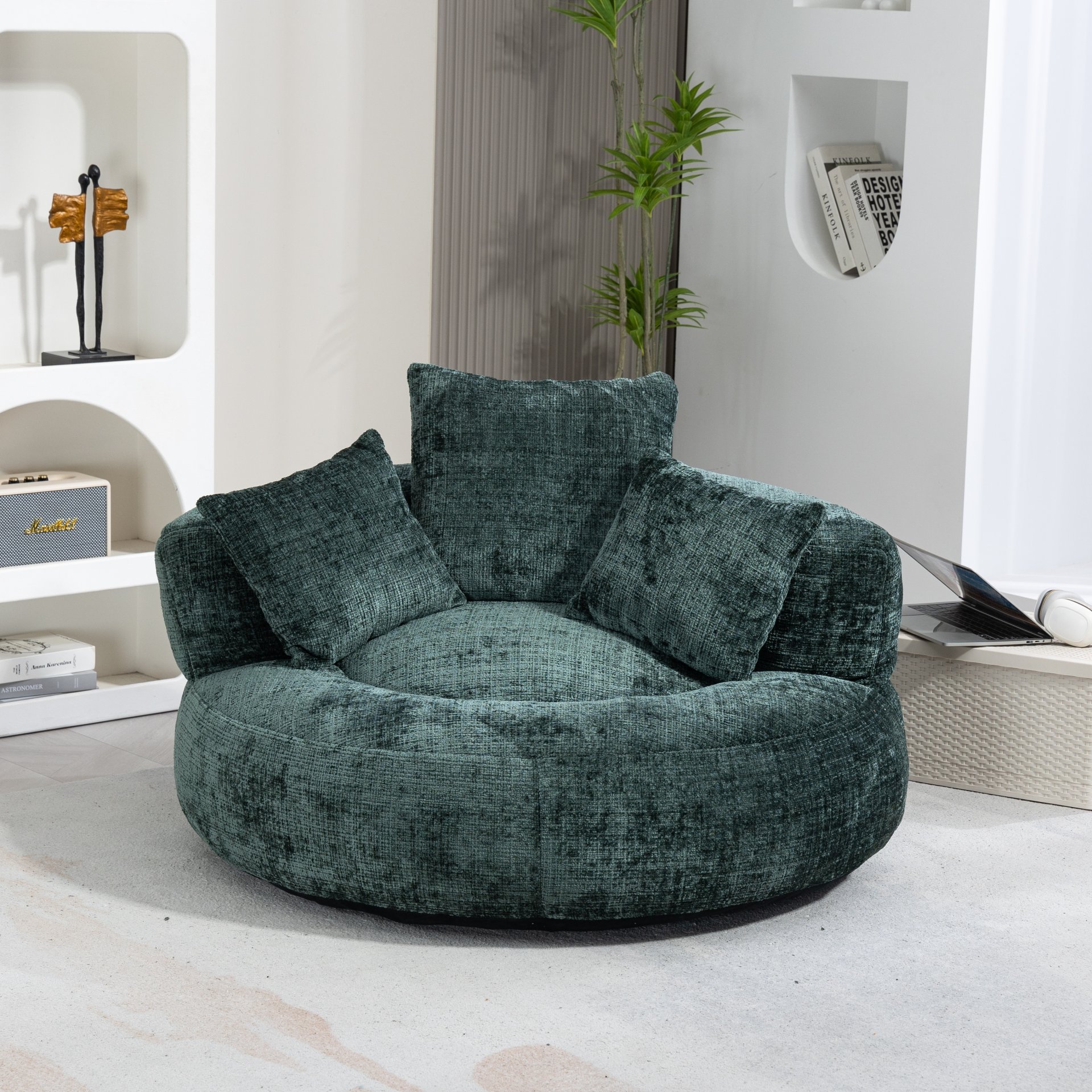 Chenille High Back Bean Bag Chair Couch With 3 Pillows, Indoor & Outdoor, Single Gaming Sofa For Bedroom - Emerald - Image 7