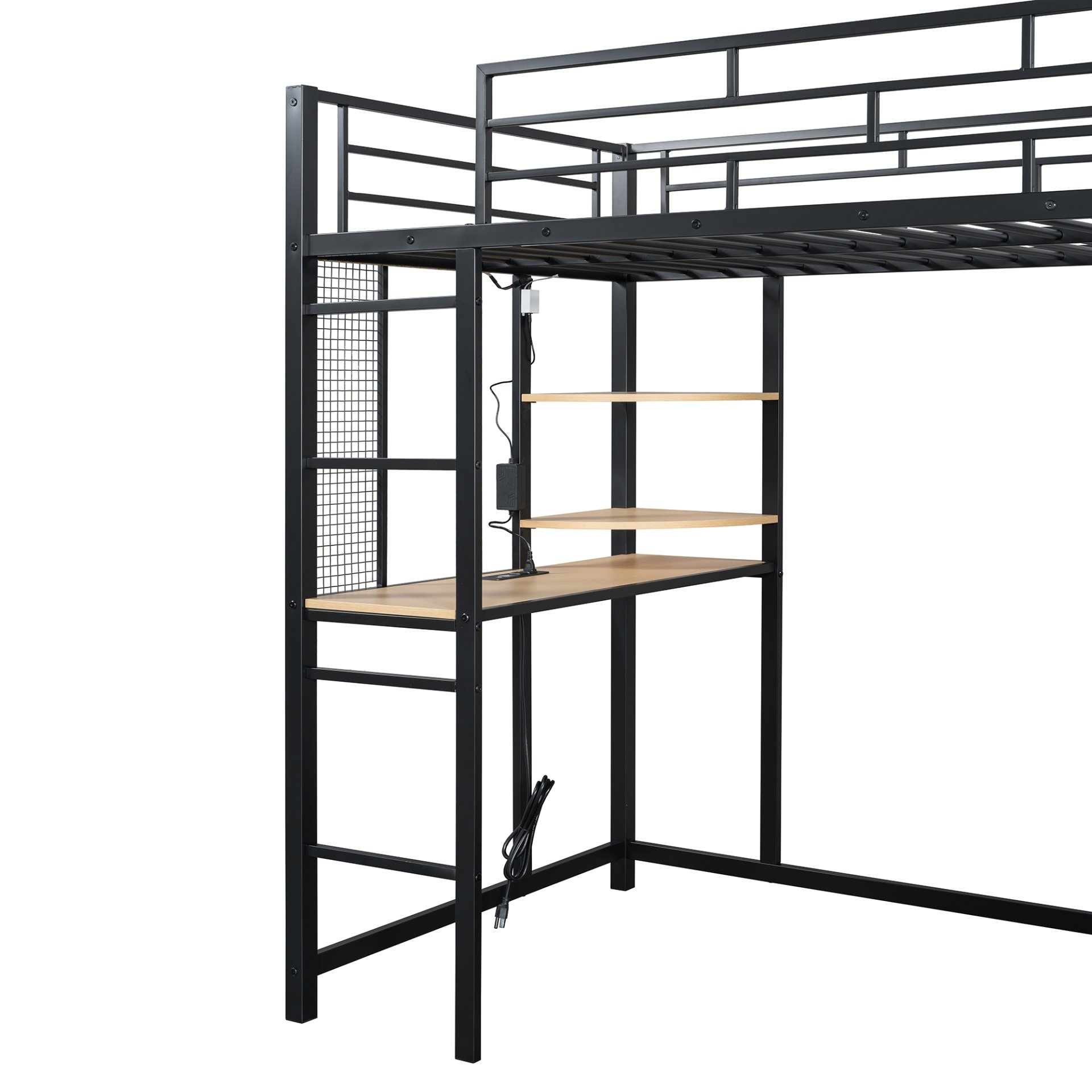 Twin Size Loft Bed With Desk, Shelves, Power Outlet, LED Light And Wardrobe - Black - Image 22