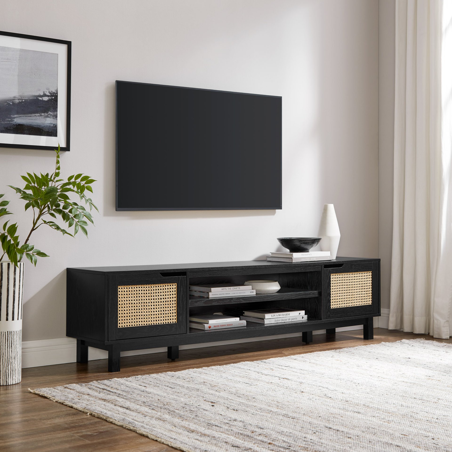 Modern Rattan Door Low TV Stand For TVs Up To 80" - Black - Image 2
