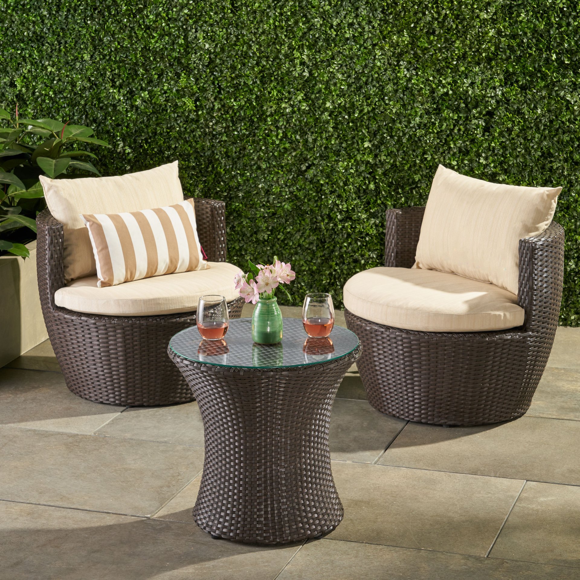 Kono - 3 Pieces Chat Set Outdoor Furniture - Brown / Beige - Image 2