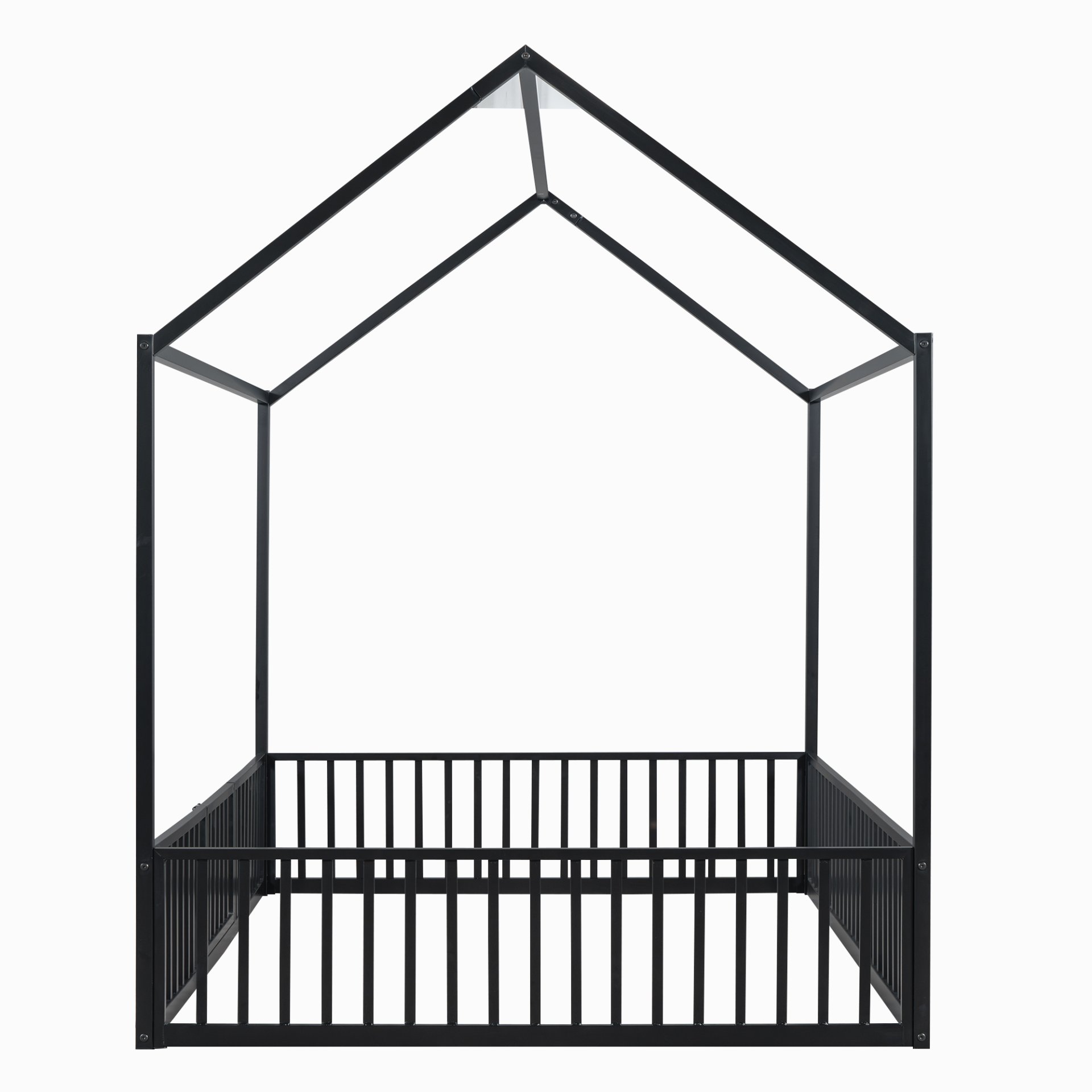 Full Size Metal House Bed With Fence And Door - Black - Image 12