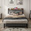 Full Size Bed Frame With Charging Station, Upholstered Headboard, Metal Platform - Dark Gray - Image 2