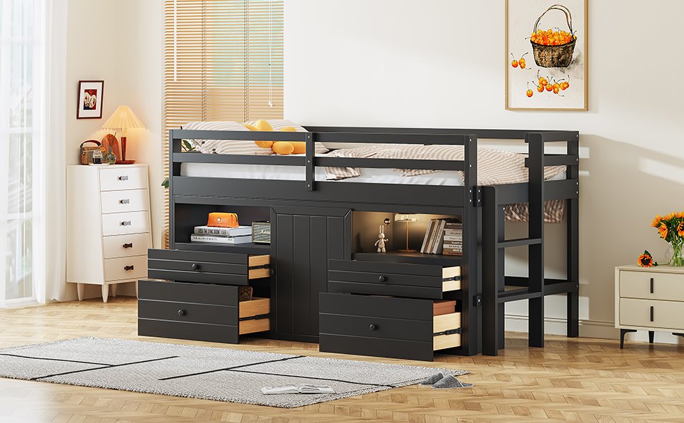 Twin Size Loft Bed With 4 Drawers, Underneath Cabinet And Shelves - Espresso - Image 17