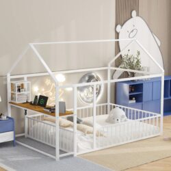 Full Size Bed House Frame With Desk, Shelves, Power Outlets And USB Ports - White
