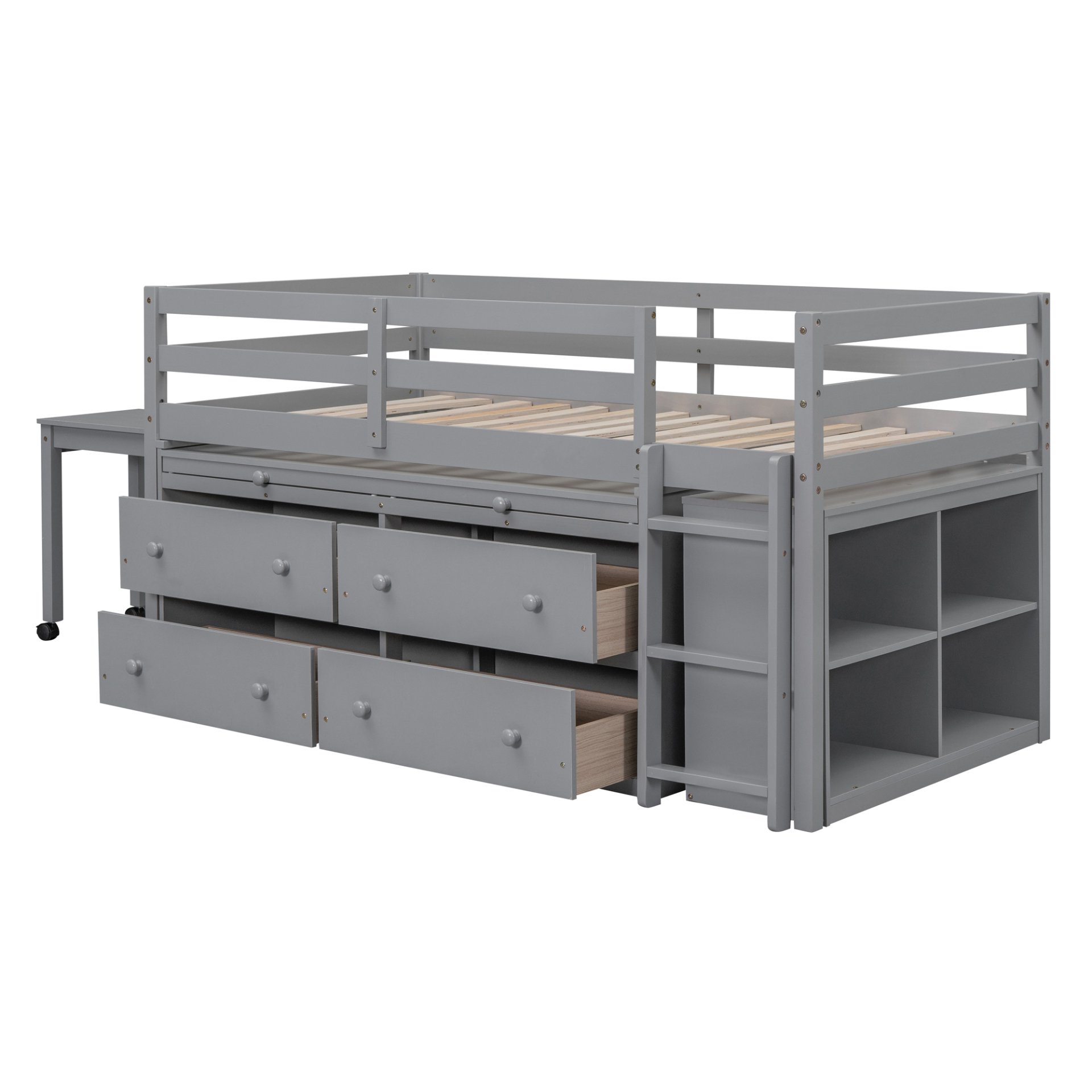 Twin Size Loft Bed With Retractable Writing Desk And 4 Drawers, With Lateral Portable Desk And Shelves - Gray - Image 6