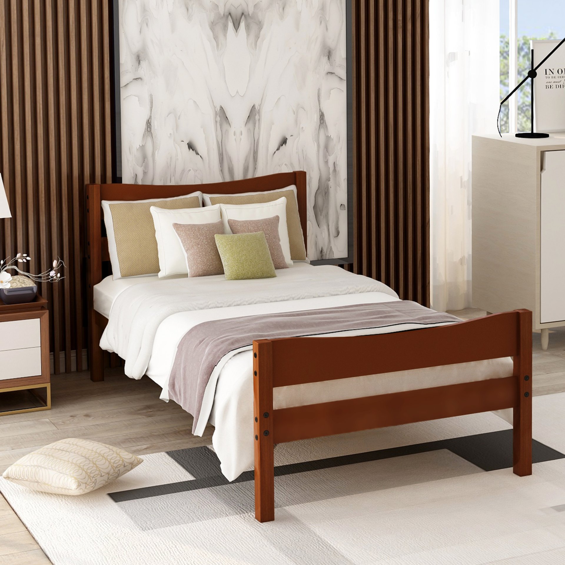 Twin Size Platform Bed With Headboard And Slat Support - Walnut - Image 2