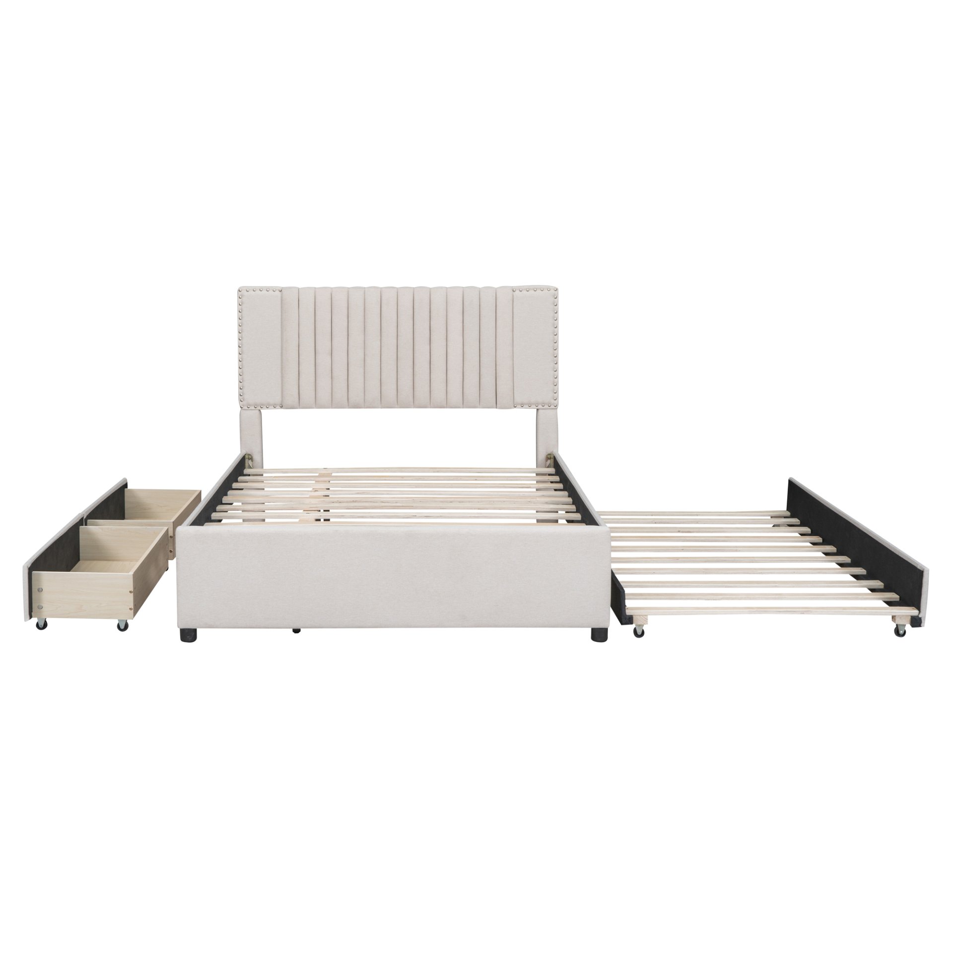 Full Size Upholstered Platform Bed With 2 Drawers And 1 Twin Size Trundle, Classic Headboard Design - Beige - Image 6