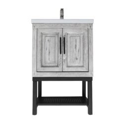 Modern Freestanding Bathroom Vanity With Ceramic Sink, Hot And Cold Faucet, 2 Door Cabinet & Open Iron Shelf, Magnesium Oxide And Iron Frame - White