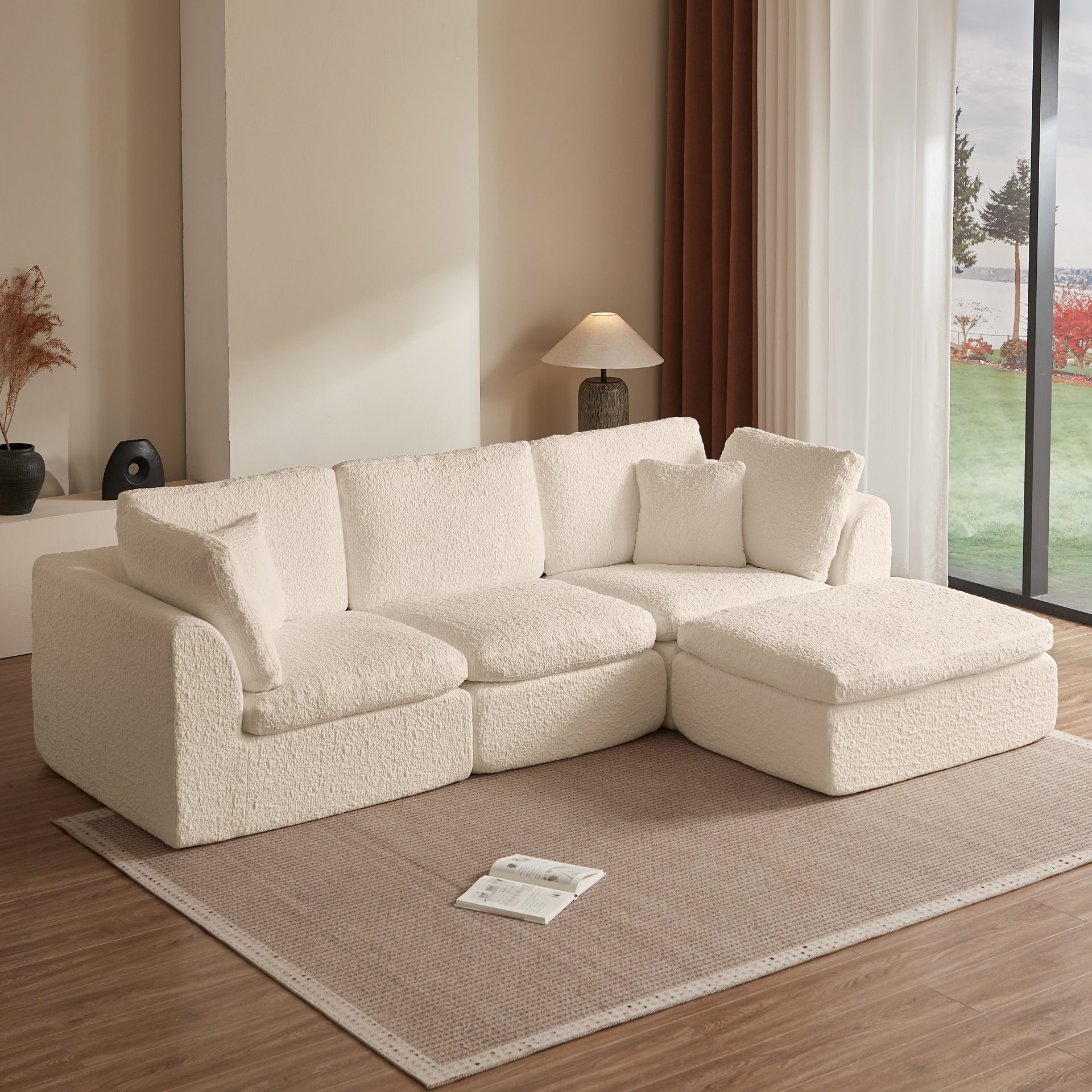 Cloud L Shape Modular Sectional Sofa With Ottoman, 3 Seater Convertible Couch - Beige - Image 2
