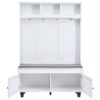 5 In 1 Entryway Bench With Shutter - Shaped Doors, Coat Rack, Cushion And 4 Sturdy Hooks, Wide Hall Tree With Storage Bench For Hallway, Entryway, Living Room - White - Image 12