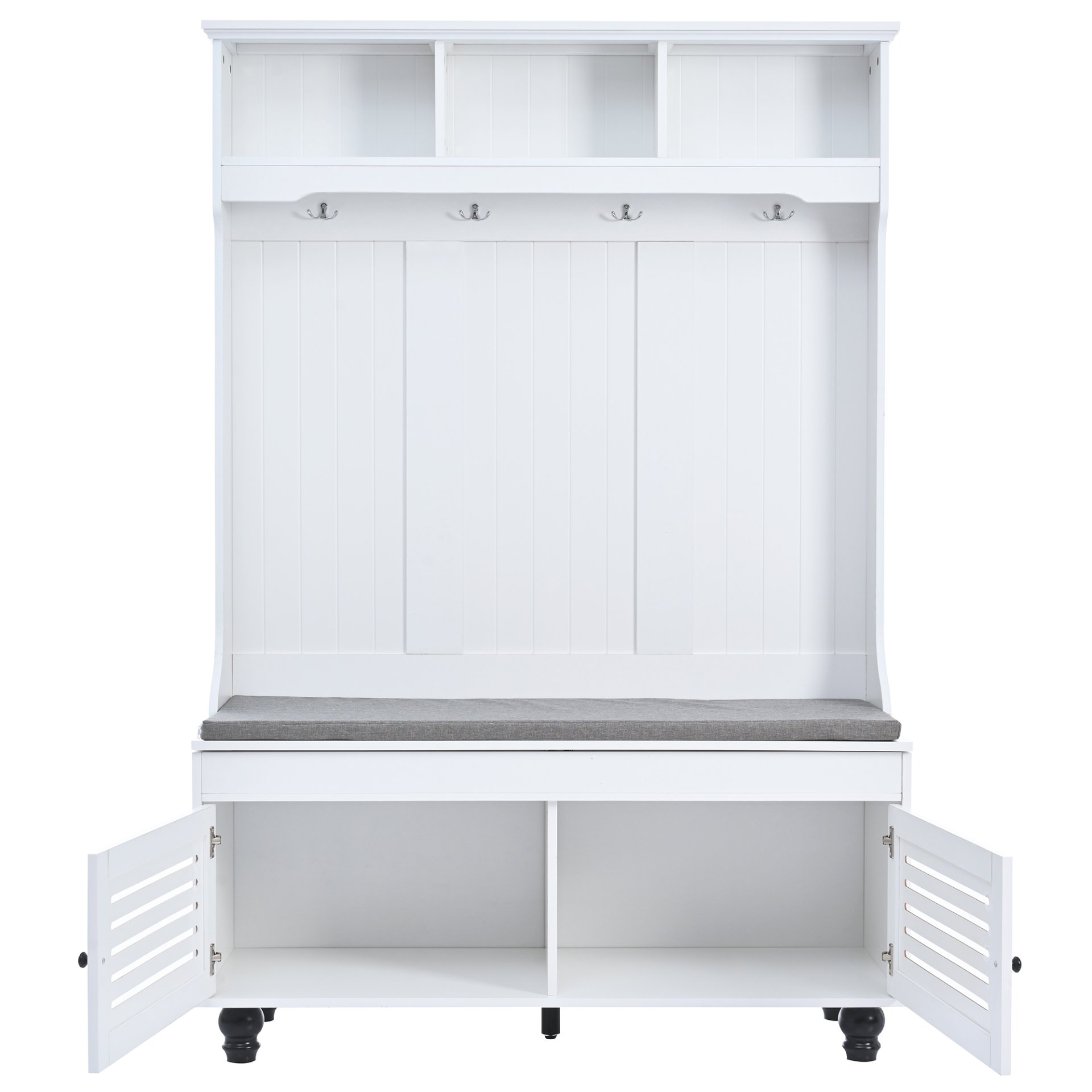5 In 1 Entryway Bench With Shutter - Shaped Doors, Coat Rack, Cushion And 4 Sturdy Hooks, Wide Hall Tree With Storage Bench For Hallway, Entryway, Living Room - White - Image 12