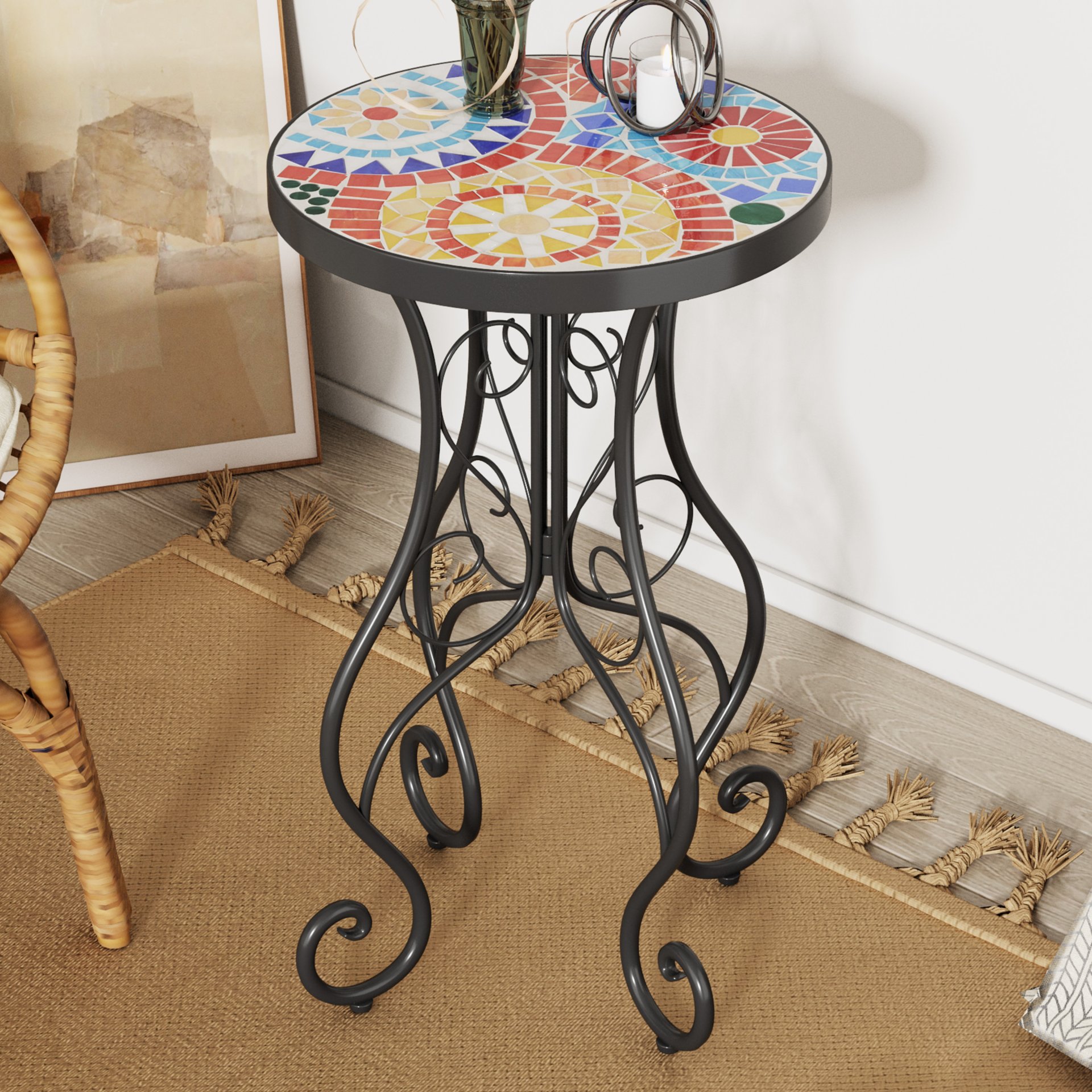 Outdoor Side Table With Ceramic Tile Top And Powder Coated Steel Frame - Black / Colorful - Image 2