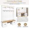 Farmhouse 4 In 1 Hall Tree With Wood Grain Bench And Top, Multifunctional Coat Rack With Hooks And Shell Handles, Mudroom Bench With Adjustable Shelves For Hallway, Living Room - White - Image 7