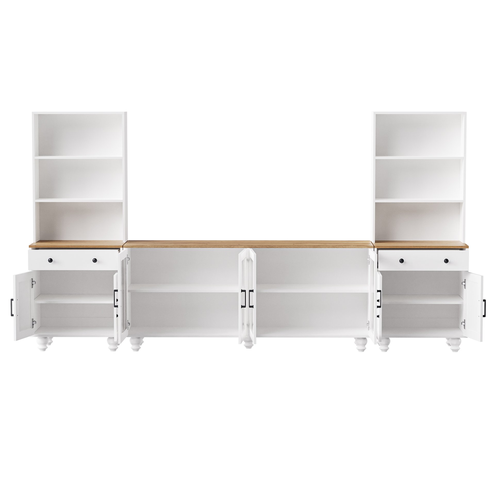 Farmhouse TV Stand With Solid Wood Gourd Shaped Legs For TVs Up To 70", Entertainment Center With Bookshelves & Tempered Glass Doors, Media Console With Adjustable Shelves, Living Room - White / Natural - Image 14