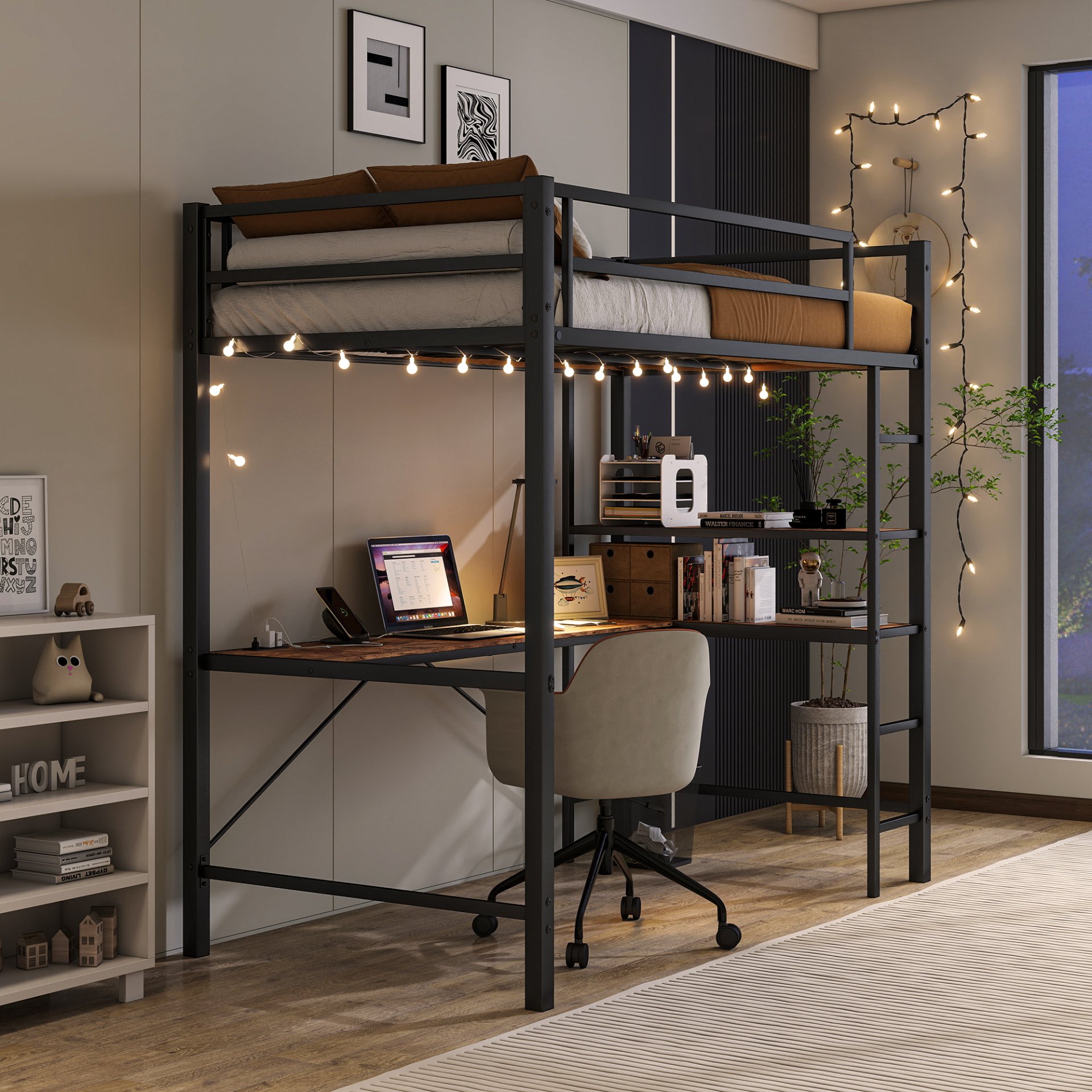 Space Saving Twin Size Loft Bed With L Shaped Desk, Shelves, Charging Station, Led Lights - Brown - Image 10