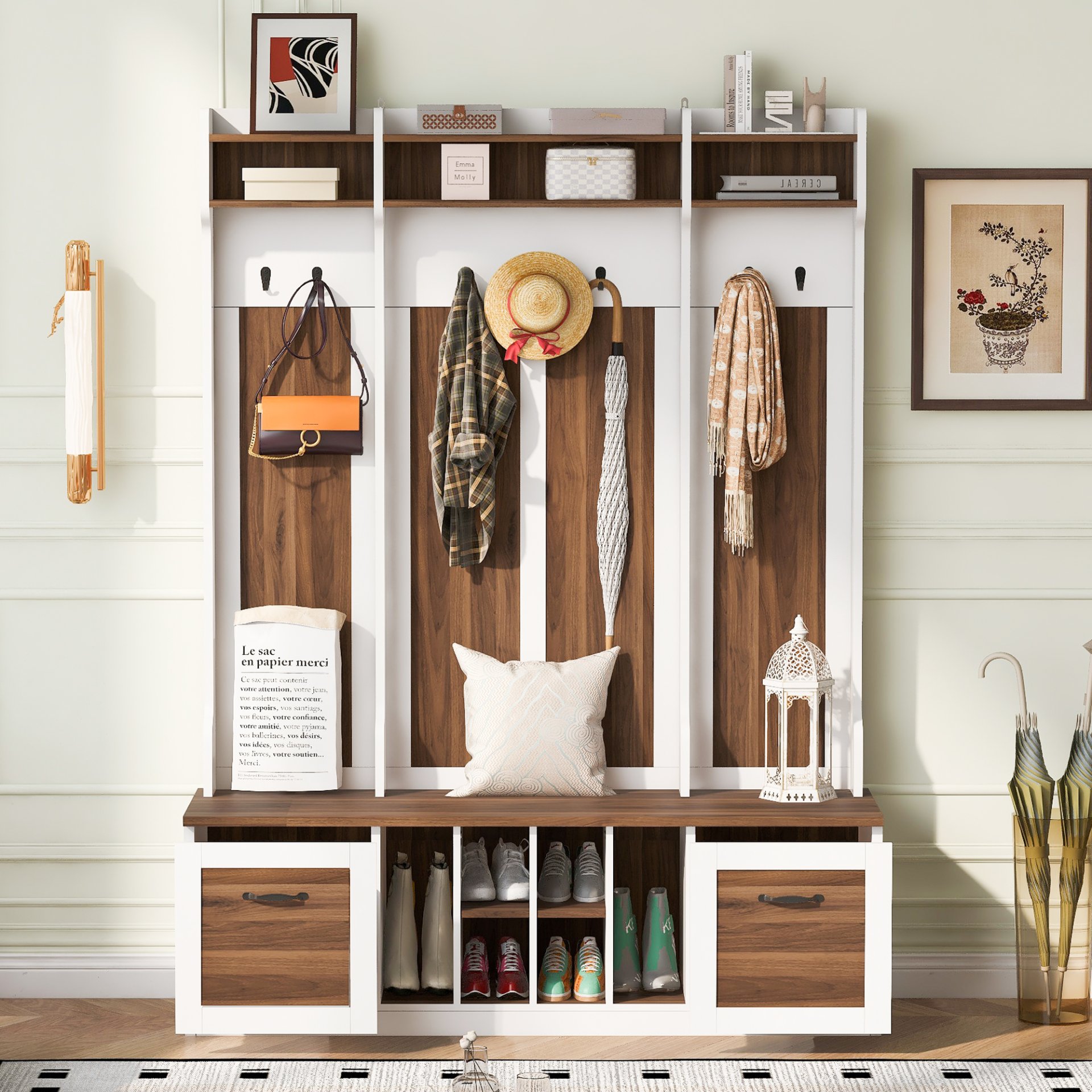 5 In 1 Entryway Bench With Coat Rack, 7 Sturdy Hooks, 2 Spacious Drawers And Adjustable Shelves, Wide Hall Tree With Metal Handles For Hallway - Brown / White - Image 4