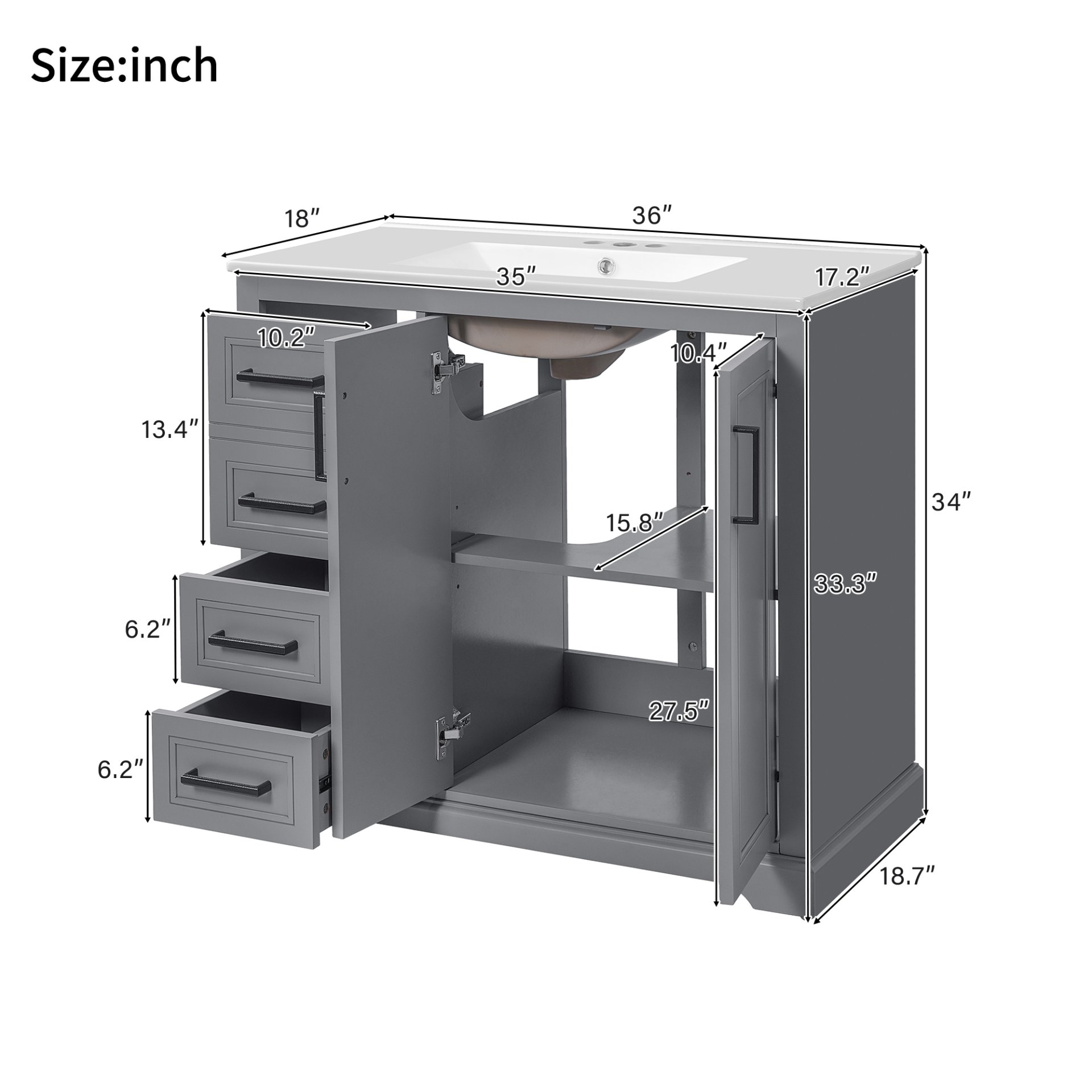 36" Bathroom Vanity With Sink, Soft Close Doors, Adjustable Shelf & 3 Drawers - Gray - Image 3