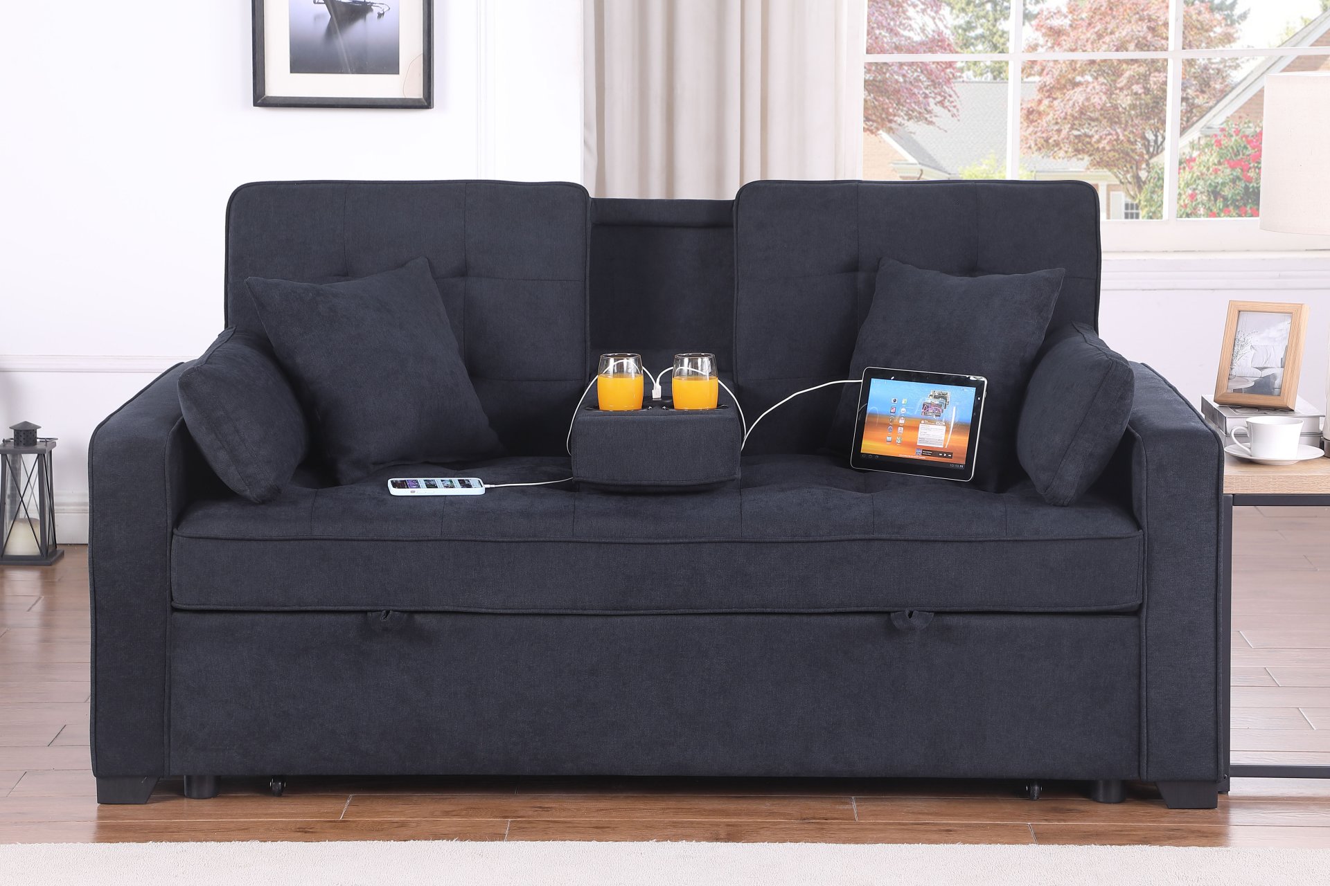 Cody II - Woven Fabric Convertible Sleeper Loveseat With Cup Holder, Charging Ports, Side Pocket, and Pocket Coil Seating - Dark Gray - Image 6