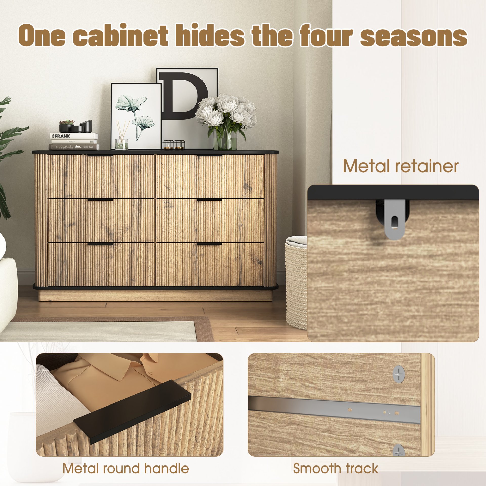 Modern 6 Drawer Cabinet With Metal Rounded Corners And Exquisite Handles Multi Functional Storage - Natural Wood - Image 10