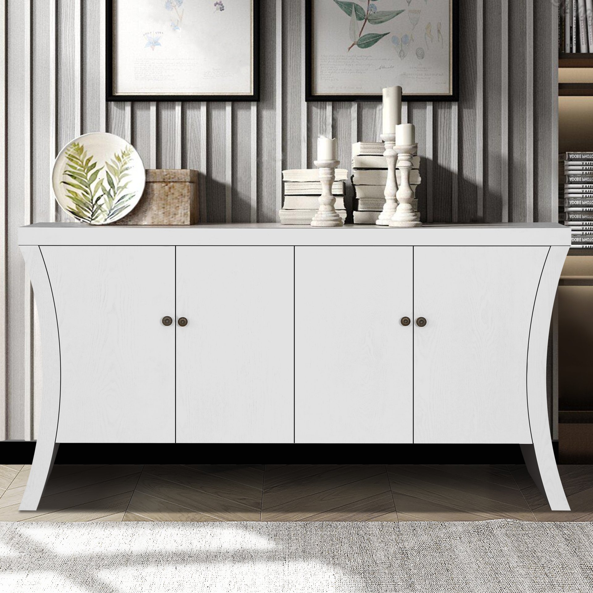 Refined Industrial 4 Door Credenza With Wooden Arc Legs & Bronze Clasps, Advanced Storage Design - White - Image 2