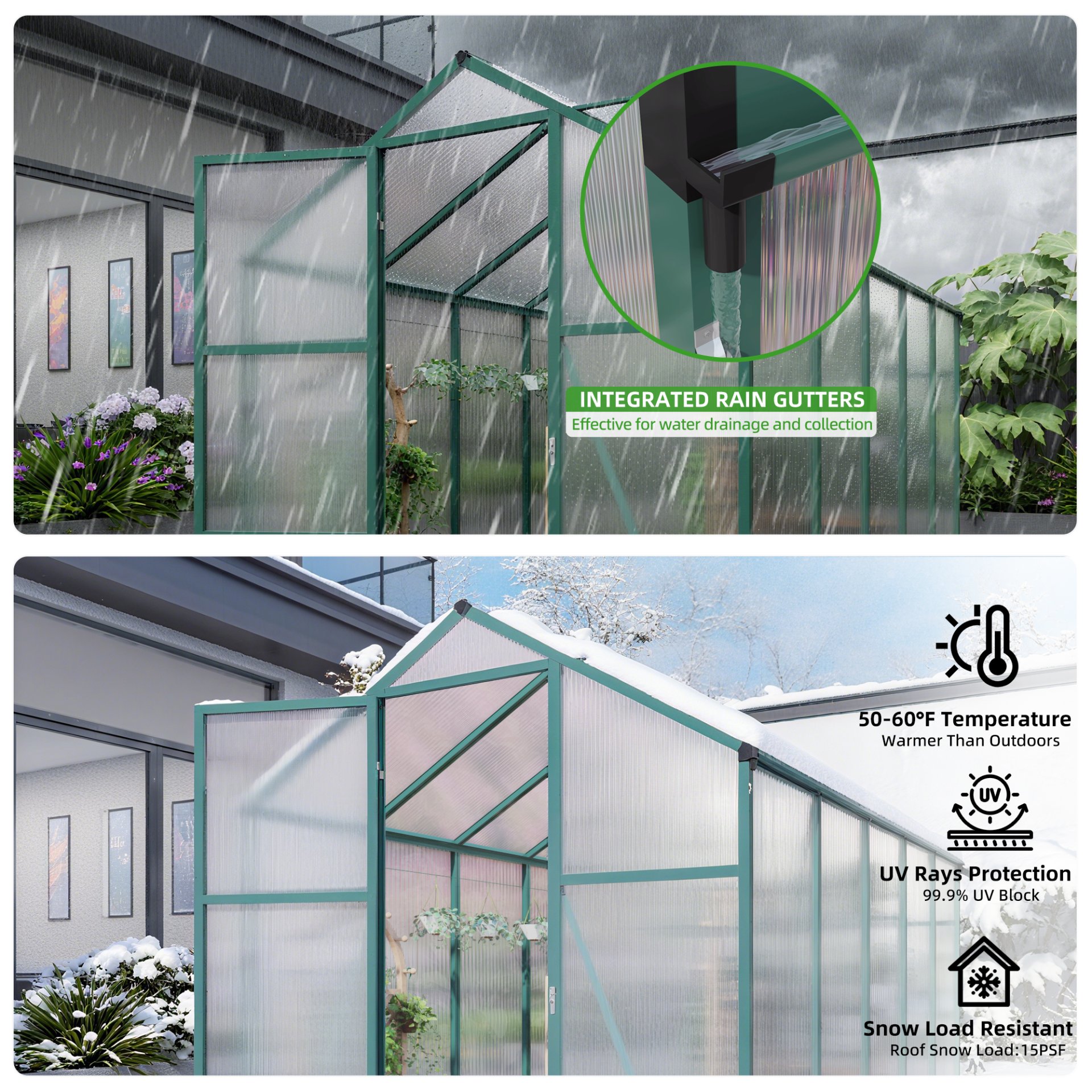 Newly Marketed Gain Height Windproof Aluminum Greenhouse 6 X 10 Ft Polycarbonate Greenhouse Raised Base And Anchor Aluminum Heavy Duty Walk - In Greenhouses For Outdoor Backyard In All Season - Green - Image 3
