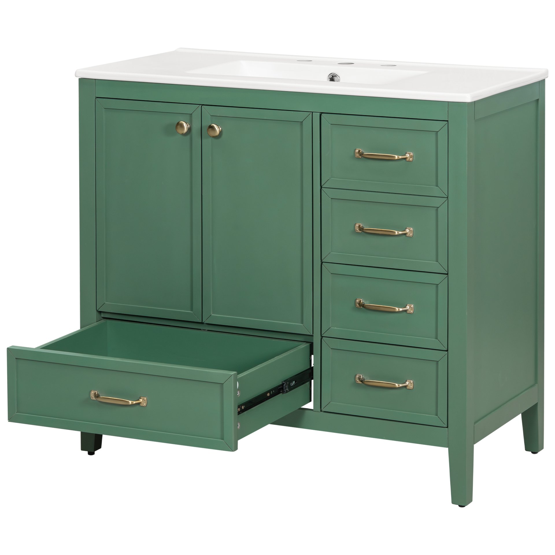 Elegant Vintage 36" Bathroom Vanity With Sink And Soft Closing Door, 4 Drawers Of Different Sizes Frame - Green - Image 17