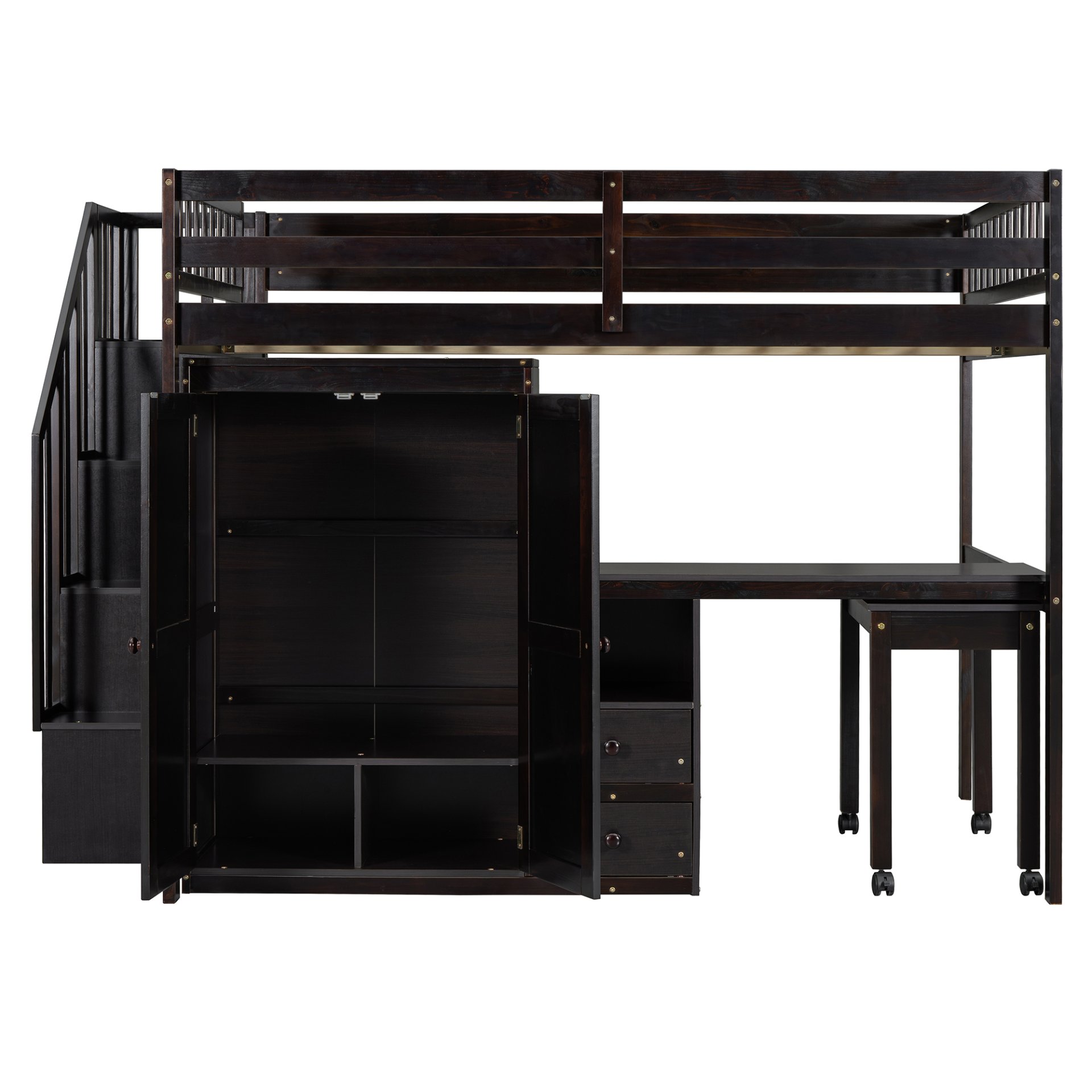 Full Size Loft Bed With Stairs, Bookshelf, Drawers, Desk & Wardrobe, Space Saving Multifunctional Furniture - Espresso - Image 18