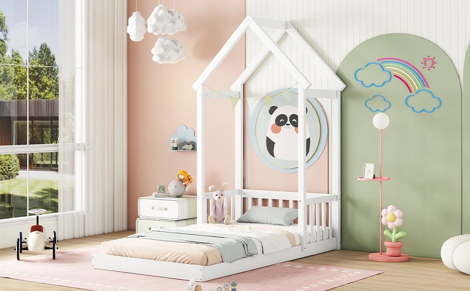 Twin House-Shaped Roof Headboard Floor Bed, (Without Slats) - White - Image 7