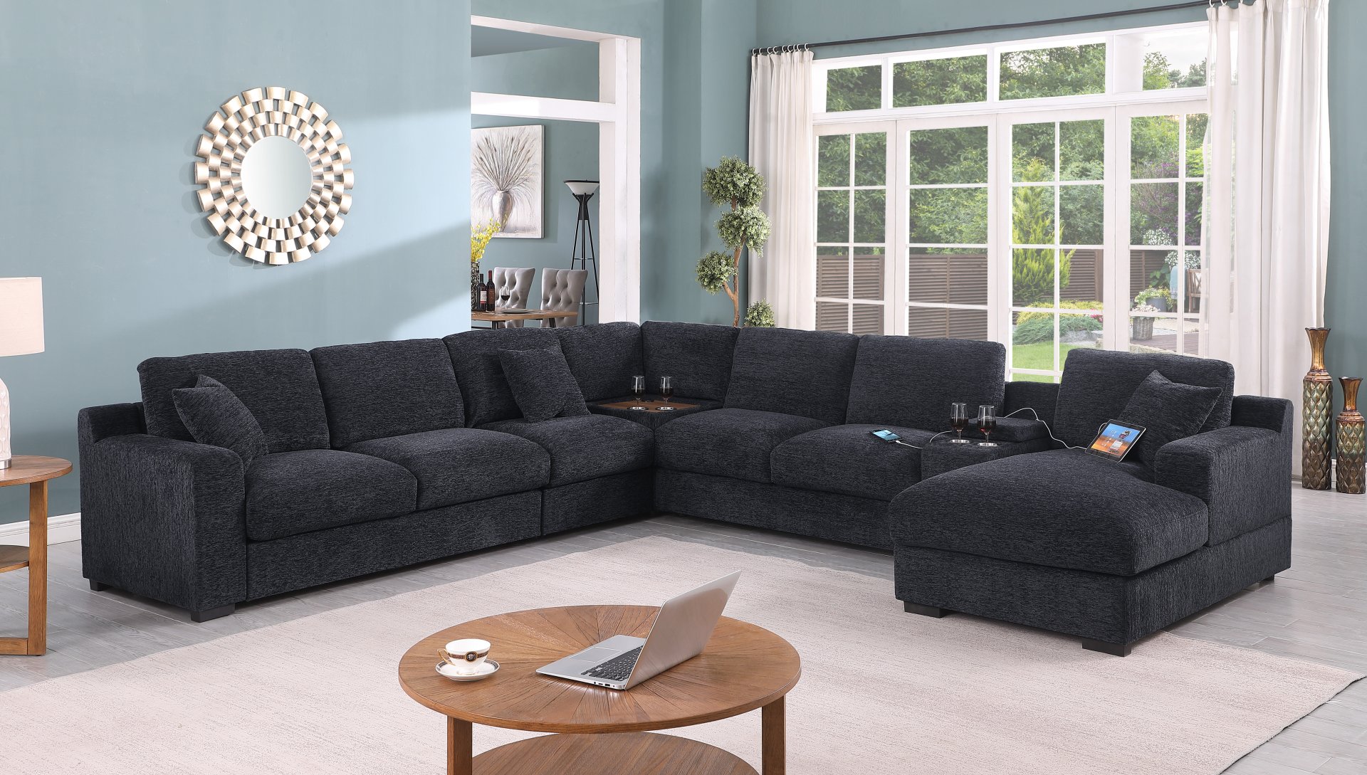 Celine - Chenille Fabric Corner Sectional Sofa With Right Facing Chaise, Cupholders, And Charging Ports - Dark Gray - Image 6