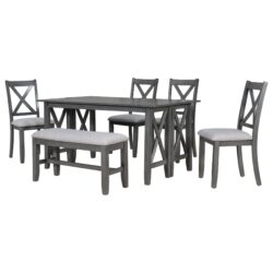 6 Piece Family Dining Room Set Solid Wood Space Saving Foldable Table And 4 Chairs With Bench - Gray