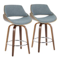 Fabrizzi - Mid-Century Modern Fixed Height Counter Stool With Swivel With Round Footrest (Set of 2) - Walnut / Blue