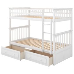 Twin Over Twin Bunk Bed With Drawers, Convertible Beds - White