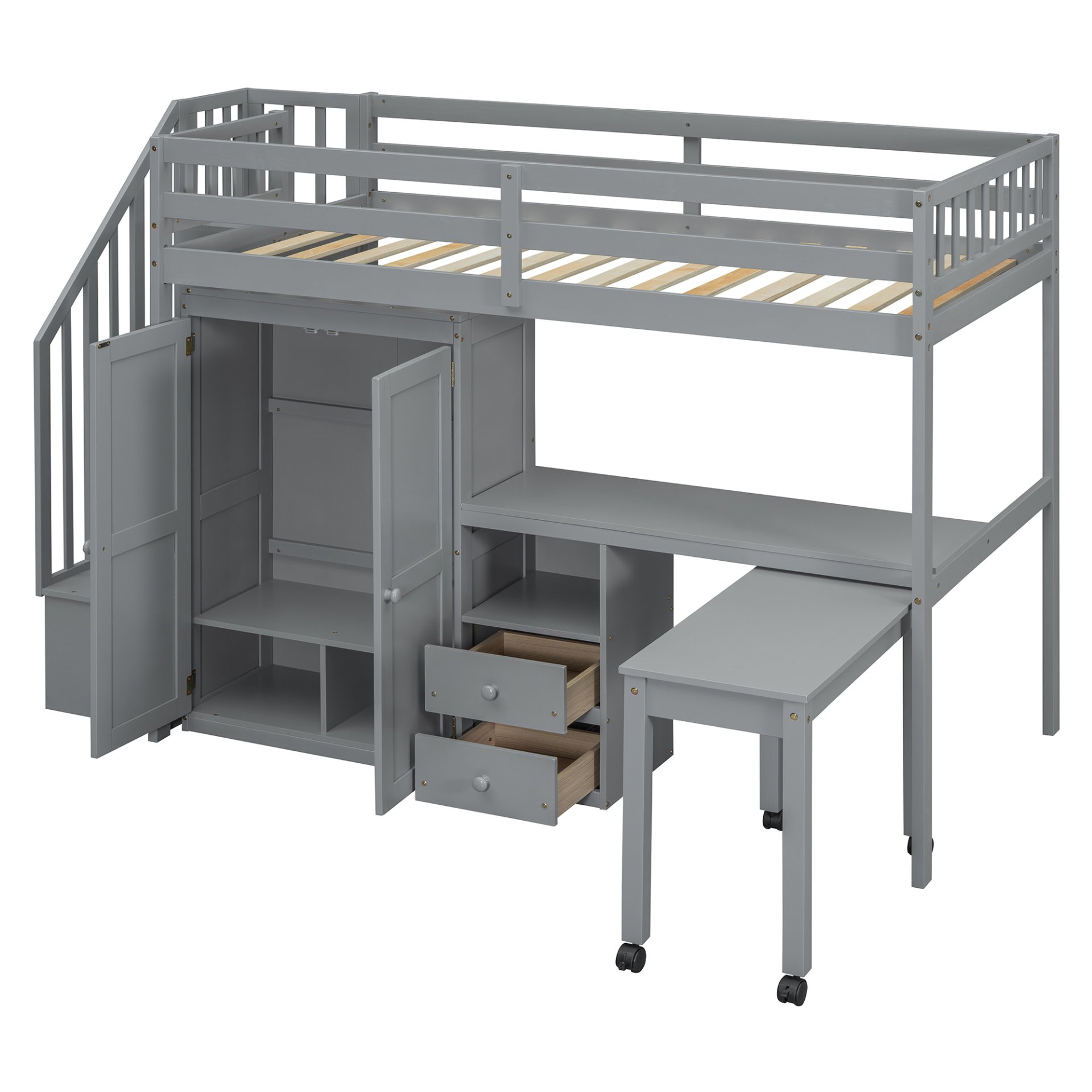 Twin Size Loft Bed With Stairs, Bookshelf, Drawers, Desk & Wardrobe, Space Saving Multifunctional Furniture - Gray - Image 9