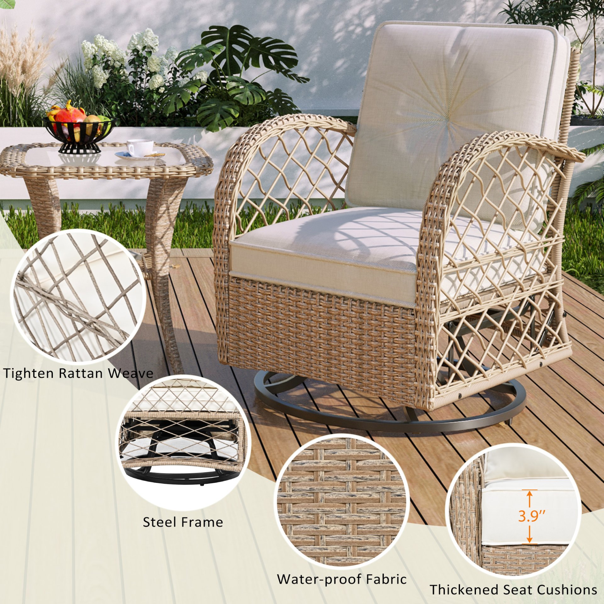 3 Piece Outdoor Chair & Table Set Chat Set 2 Person Rattan Seating Group With 2 Swiveling And Rocking Chairs And A Square Table For Garden, Patio, Or Balcony - Natural - Image 5