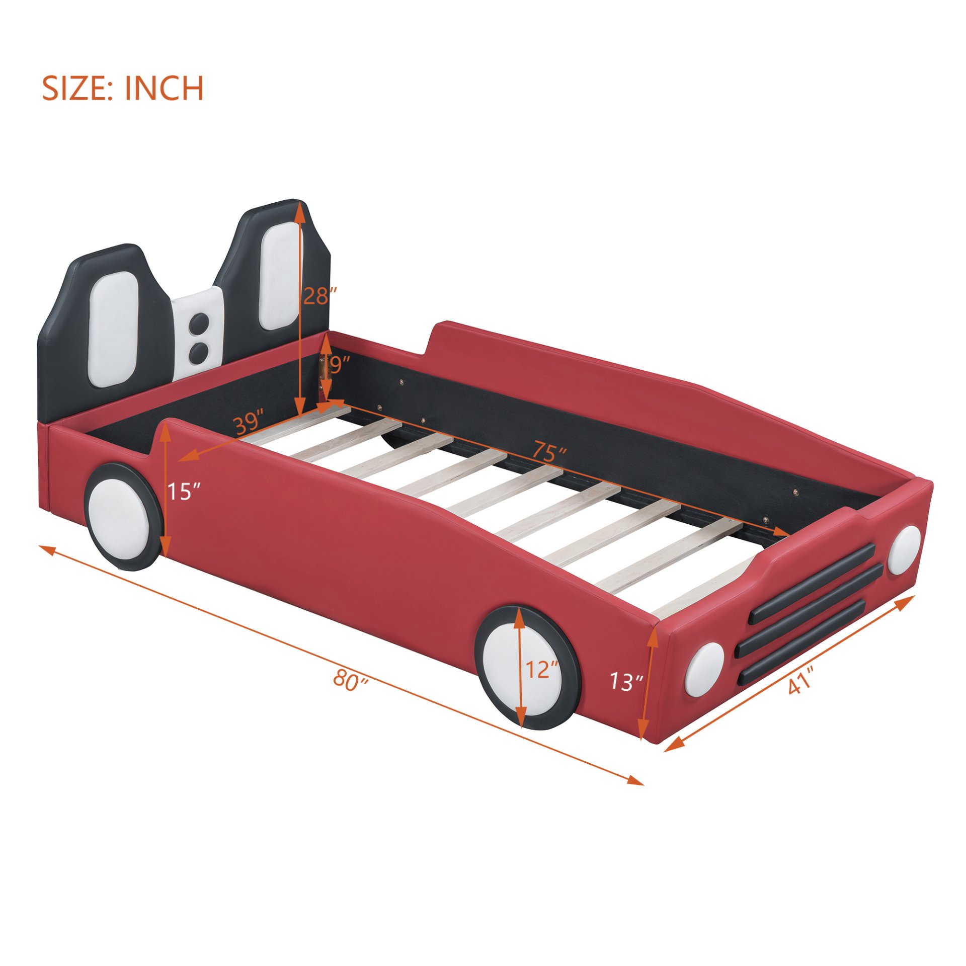 Twin Size Race Car Shaped, Platform Bed & Wheels - Red - Image 7