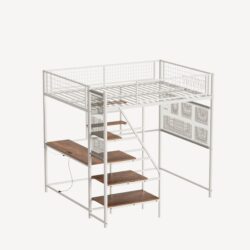 Full Size Metal Loft Bed With Built In Charging Station And Led Light - White