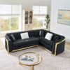 Shaped Chesterfield Sectional Sofa With Stainless Steel Accents Velvet Button Tufted Sofa With 5 Pillows Luxury Couch For Living Room - Black - Image 4