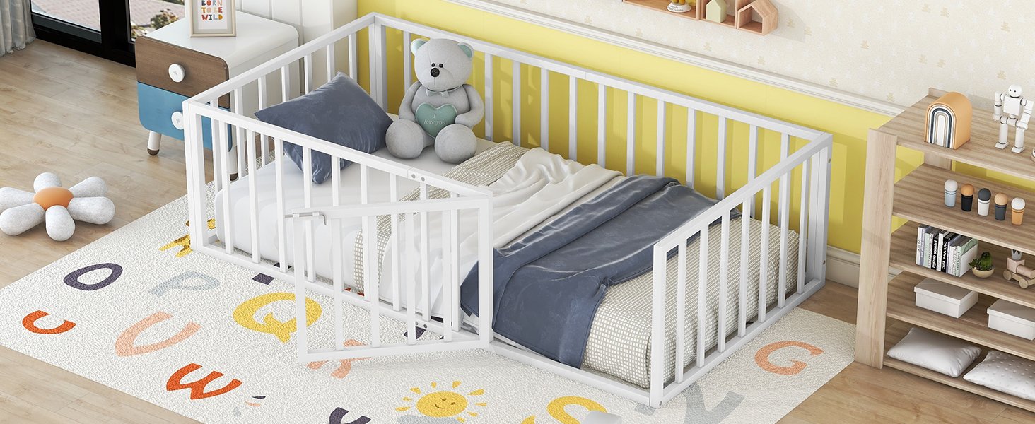 Twin Size Floor Bed Frame With Fence And Door - White - Image 16