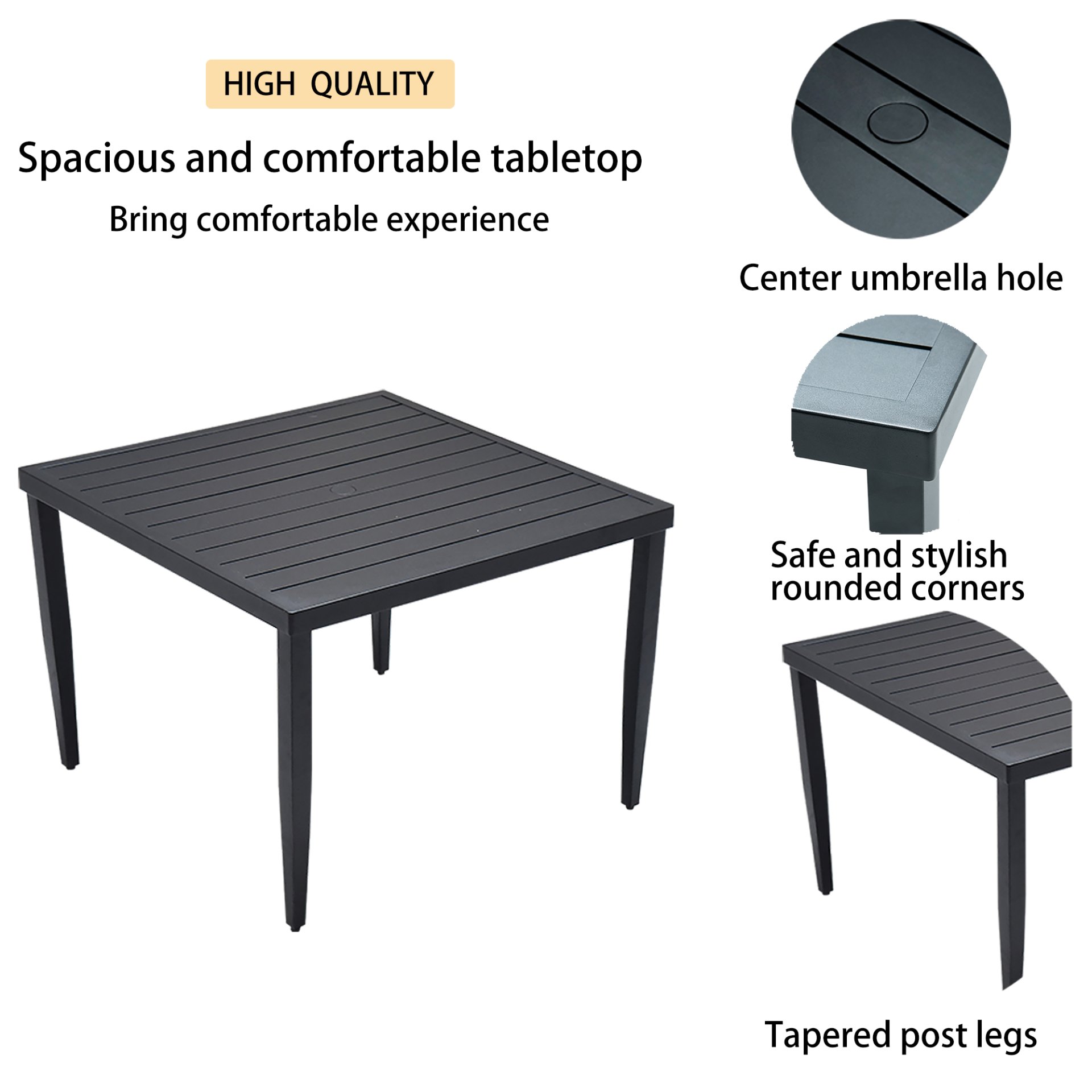 5 Piece Outdoor Patio Modern Dining Set, 4 Dining Chairs Sunbrella Fabric And Square Dining Table With Umbrella Hole - Ember Black - Image 10