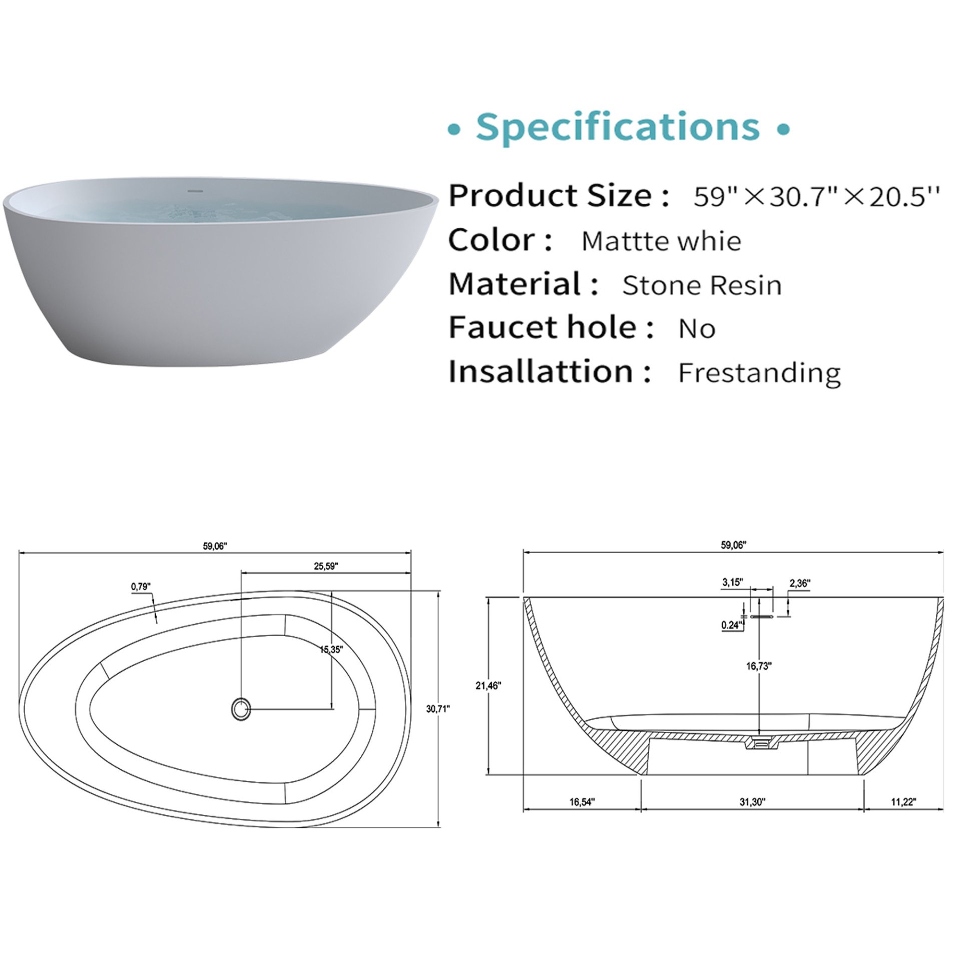 Solid Surface Matte Tub, Freestanding Solid Surface Resin Stone Bathtub, Solid Surface Matte White Soaking Tub, Free Standing Tub With Overflow And Pop-Up Drain - Matte White - Image 3