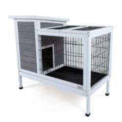 Two Tier Wooden Rabbit Cage Outdoor Indoor For Small Animals With Runway And Leak-Proof Plastic Tray - Gray
