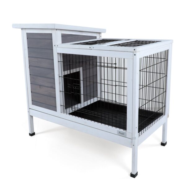 Two Tier Wooden Rabbit Cage Outdoor Indoor For Small Animals With Runway And Leak-Proof Plastic Tray - Gray