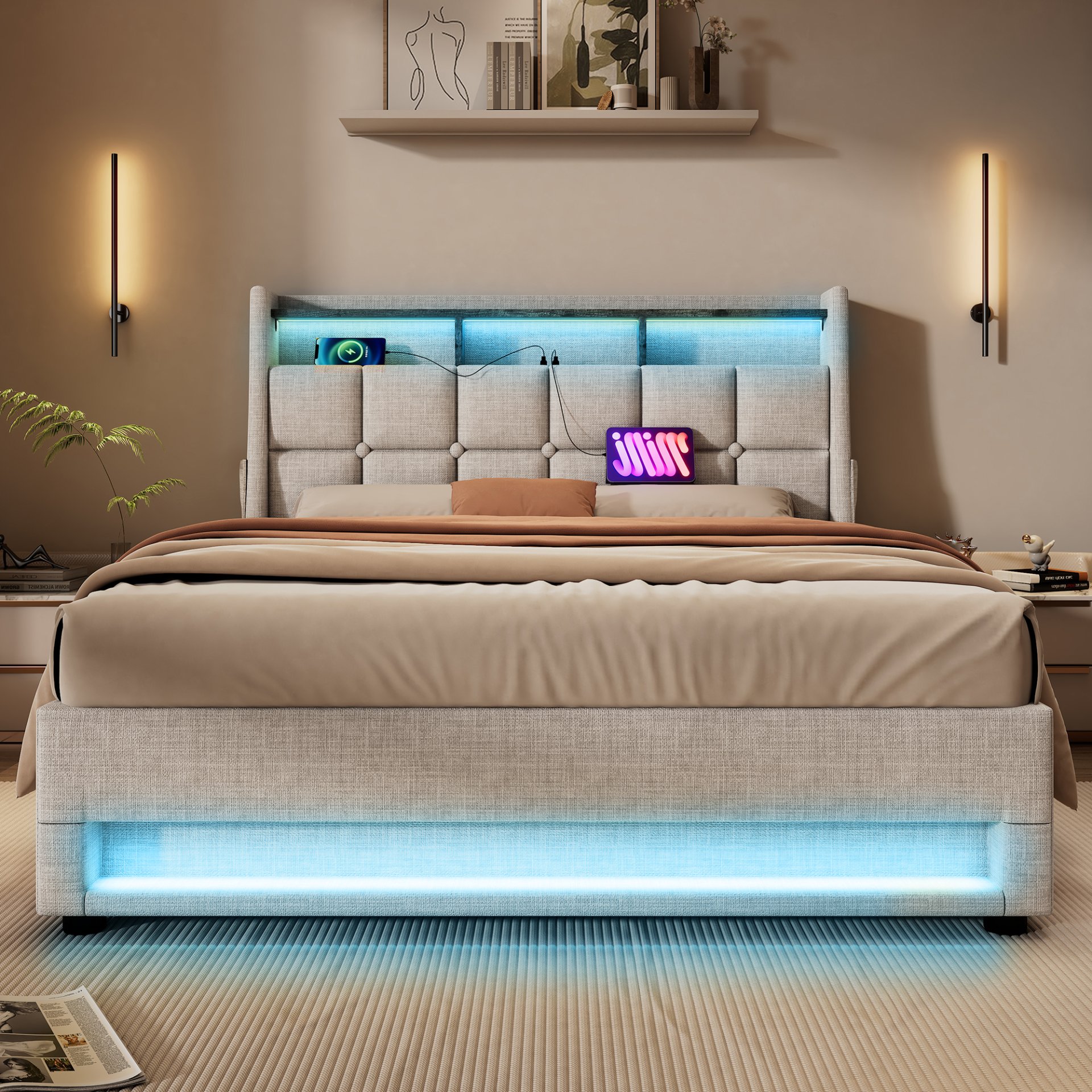 Full Size Upholstered Platform Bed With A Hydraulic Storage System, LED And USB Charging (Without Mattress) - Natural - Image 20
