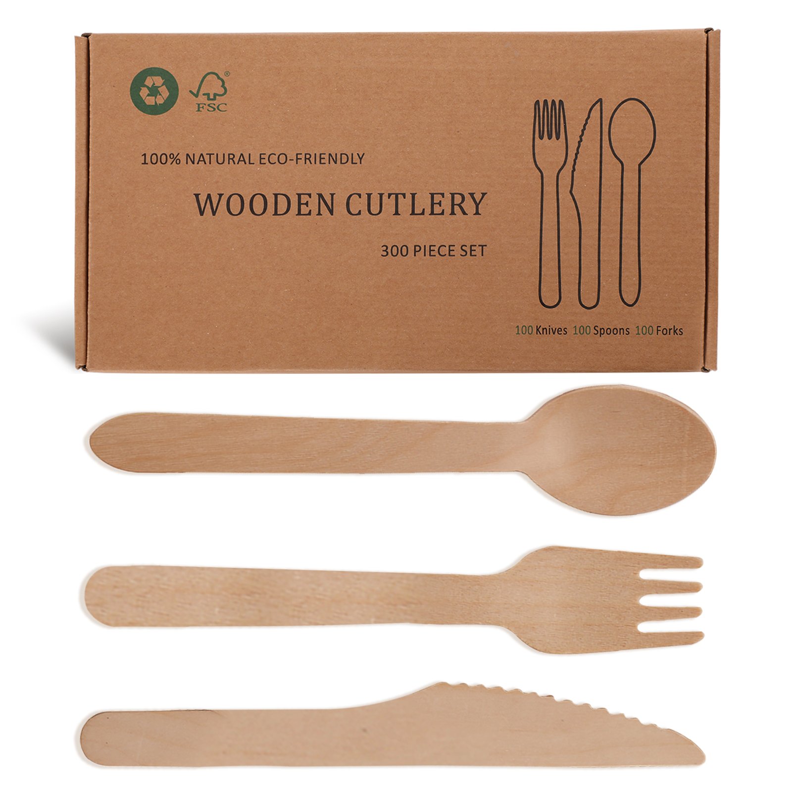 Wooden Compostable Utensils Set 300 Pieces 100 Forks 100 Spoons 100 Knives Sturdy Wood Disposable Cutlery Eco Friendly Biodegradable Utensils For Party Free From Plastic Cutlery Set For Eating - Natural Wood - Image 2