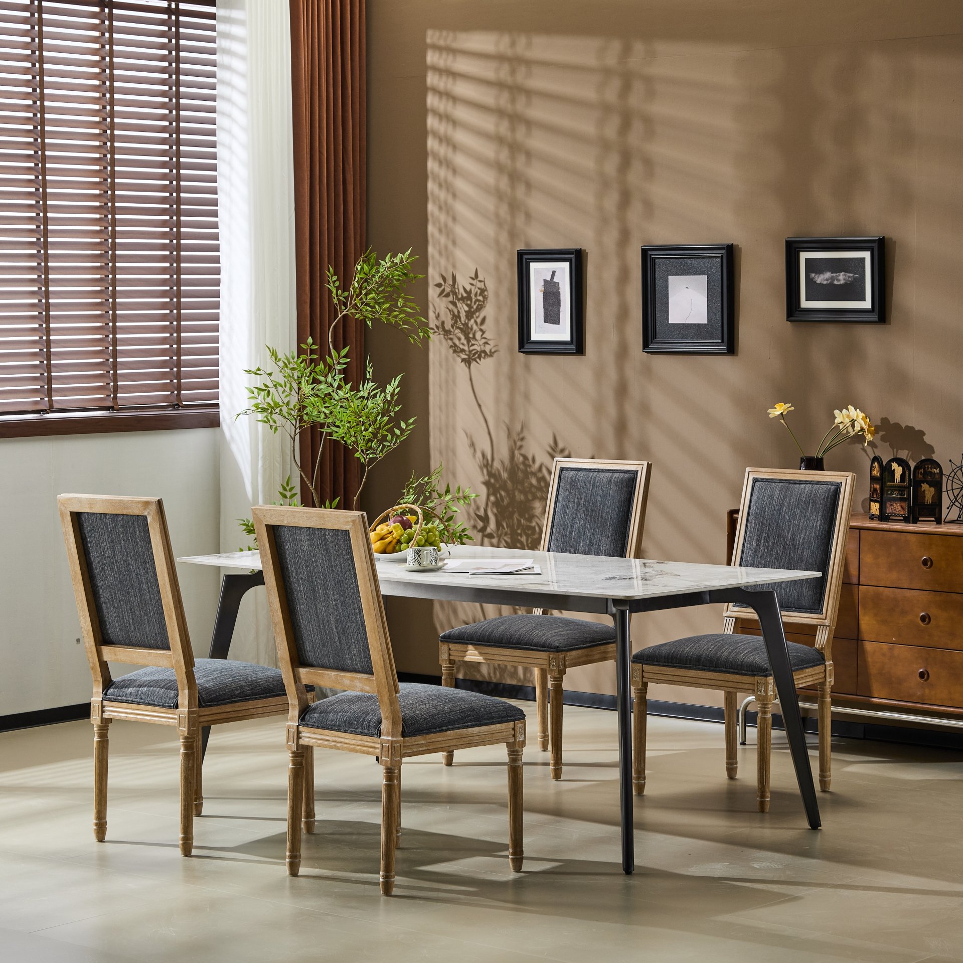 Vintage Inspired (Set of 4) French Country Dining Chairs With Elegant Cane Backrest & Upholstered Seats Rustic Weathered Frame - Blue Gray - Image 2